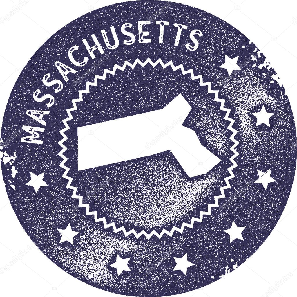 Massachusetts map vintage stamp. Retro style handmade label, badge or element for travel souvenirs. Deep purple rubber stamp with us state map silhouette. Vector illustration.