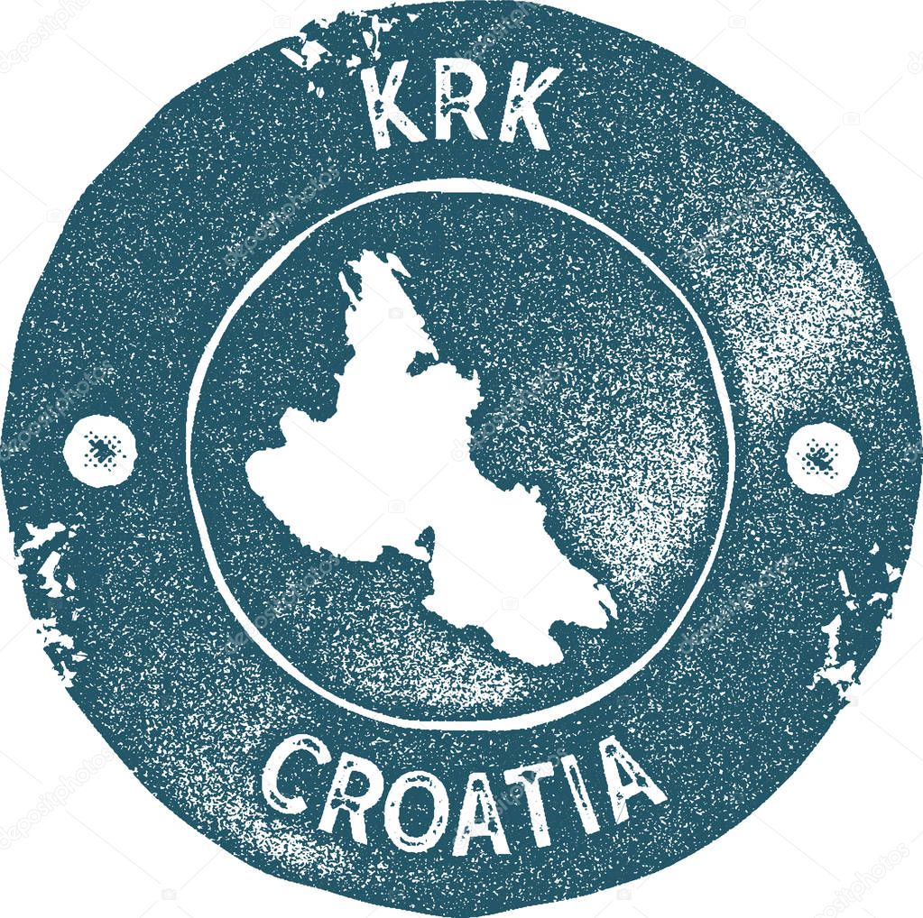Krk map vintage stamp. Retro style handmade label, badge or element for travel souvenirs. Blue rubber stamp with island map silhouette. Vector illustration.