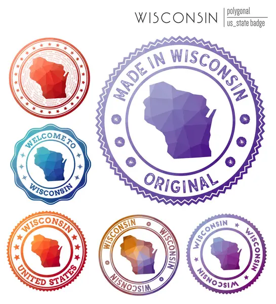 Insignia Wisconsin Colorido símbolo del estado poligonal us Conjunto de logotipos geométricos multicolores de Wisconsin — Vector de stock