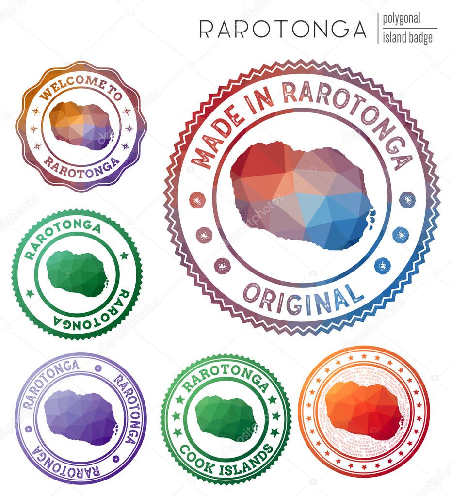 Rarotonga badge Colorful polygonal island symbol Multicolored geometric Rarotonga logos set