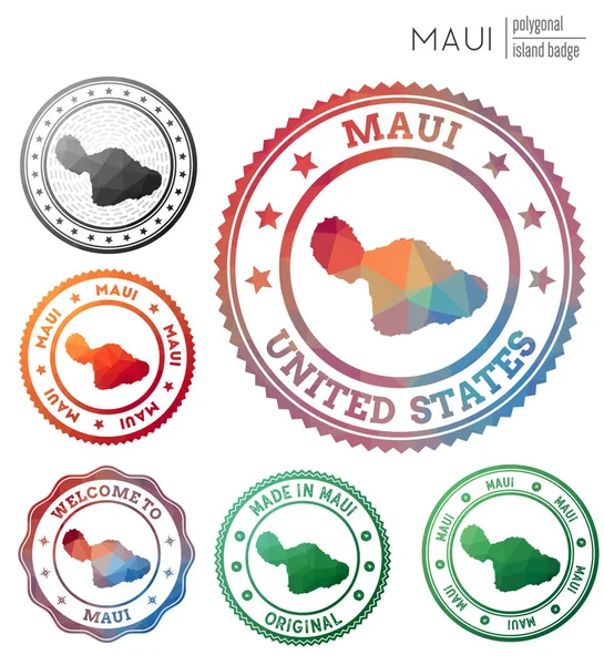 Maui badge kleurrijke veelhoekige eiland symbool veelkleurige geometrische Maui logo's set vector — Stockvector