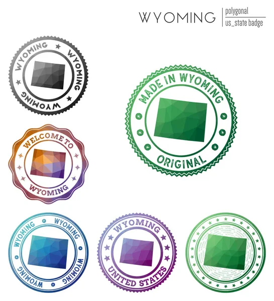 Wyoming badge bunt polygonal us state symbol mehrfarbig geometrisch wyoming logos set vektor — Stockvektor