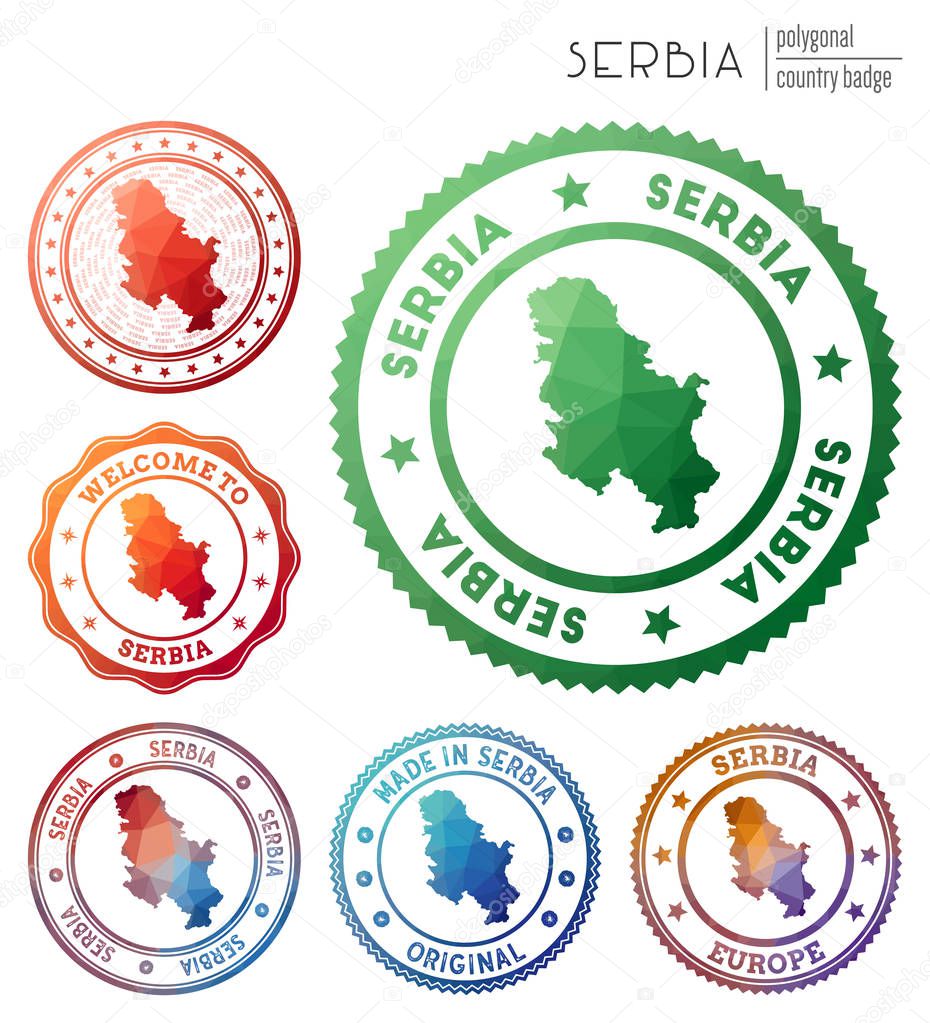 Serbia badge Colorful polygonal country symbol Multicolored geometric Serbia logos set Vector
