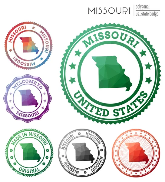 Distintivo do Missouri Símbolo poligonal colorido do estado dos EUA Conjunto de logotipos geométricos multicoloridos do Missouri — Vetor de Stock