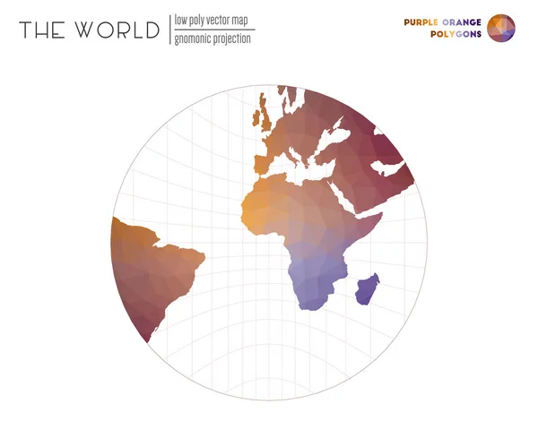 Laag poly ontwerp van de wereld Gnomonic projectie van de wereld paars oranje gekleurde veelhoeken — Stockvector
