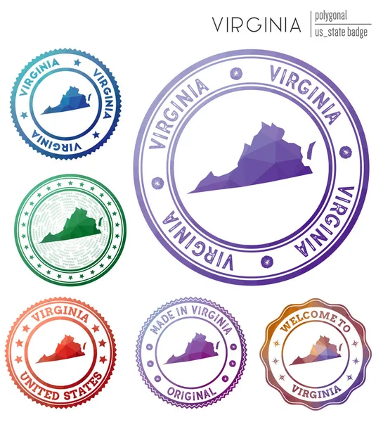 Βιρτζίνια σήμα πολύχρωμο πολυγωνικό σύμβολο της πολιτείας μας πολύχρωμο γεωμετρικό Βιρτζίνια λογότυπα σετ — Διανυσματικό Αρχείο