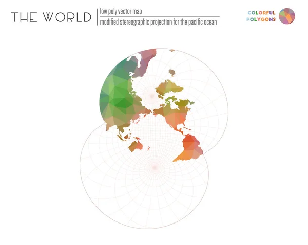 Wereldkaart in veelhoekige stijl Gewijzigde stereografische projectie voor de Stille Oceaan van de wereld — Stockvector