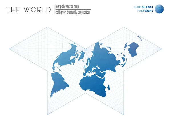 低多边形世界地图科利尼翁蝴蝶投影的世界蓝色阴影彩色多边形 — 图库矢量图片