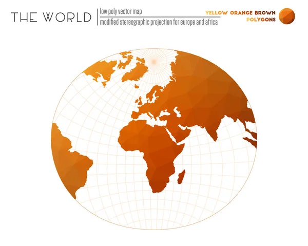 Mappa del mondo in stile poligonale Proiezione stereografica modificata per l'Europa e l'Africa del mondo — Vettoriale Stock