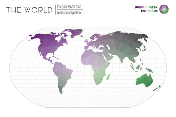 Maglia triangolare del mondo Proiezione Robinson del mondo Poligoni color verde porpora — Vettoriale Stock