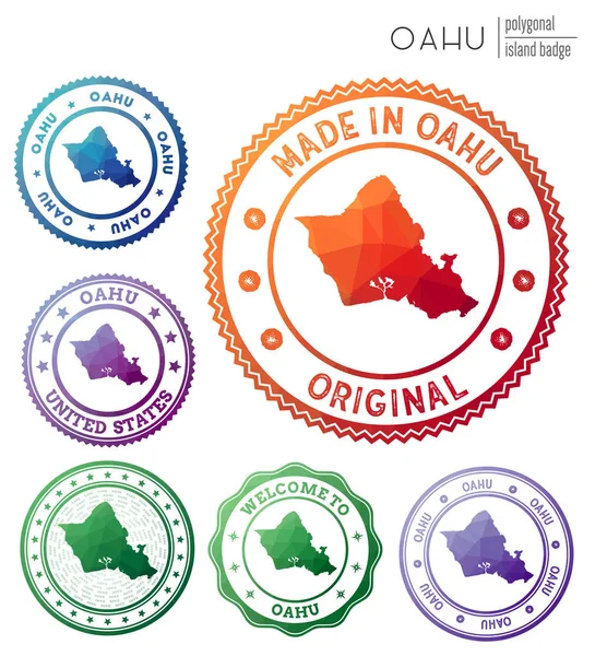 Oahu rozeti Renkli çokgen ada sembolü Çok renkli geometrik Oahu logoları Vektör seti — Stok Vektör