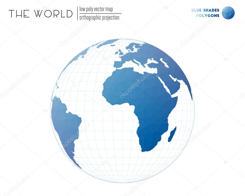 Triangular mesh of the world Orthographic projection of the world Blue Shades colored polygons