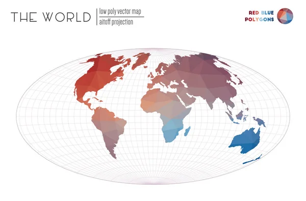 Wereld kaart met levendige driehoeken Aitoff projectie van de wereld rood blauw gekleurde veelhoeken — Stockvector