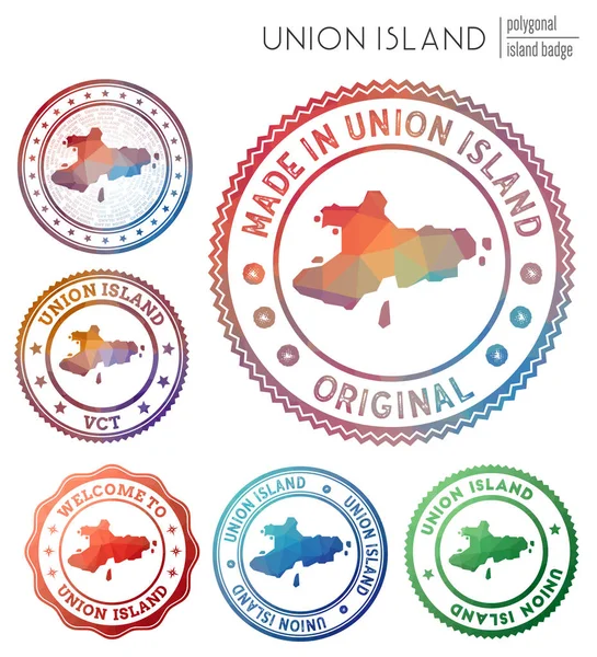 Insignia de Union Island Colorido símbolo poligonal de isla Conjunto de logotipos geométricos multicolores de Union Island — Vector de stock