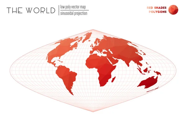 Laag poly ontwerp van de wereld sinusoïdale projectie van de wereld rode tinten gekleurde veelhoeken netjes — Stockvector