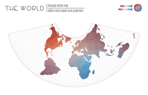 Wereld kaart in veelhoekige stijl Albers Kegelsnede equalarea projectie van de wereld rood blauw gekleurd — Stockvector