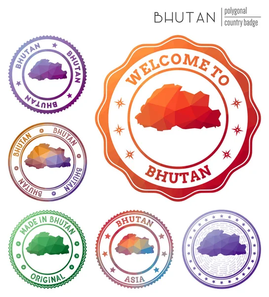 Insignia de Bután Colorido símbolo del país poligonal Multicolor geométrico Logotipos de Bután conjunto Vector — Vector de stock