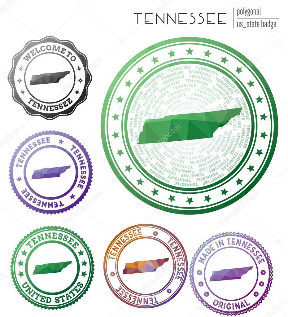 Tennessee badge. Colorful polygonal us state symbol. Multicolored geometric Tennessee logos set. Vector illustration.