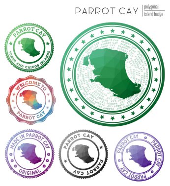 Papağan Cay rozeti Renkli çokgen ada sembolü Çok renkli geometrik Papağan Cay logoları seti