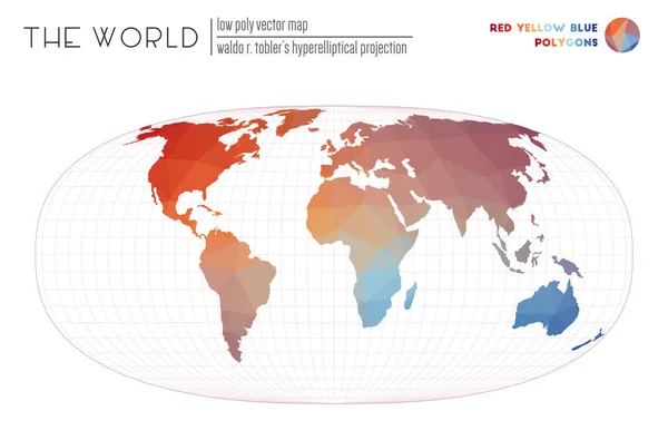 多边形世界地图 Waldo R Toblers 超椭圆投影世界红黄蓝 — 图库矢量图片