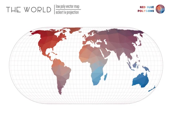 Mappa geometrica astratta del mondo Eckert IV proiezione del mondo Rosso Poligoni blu Creative — Vettoriale Stock