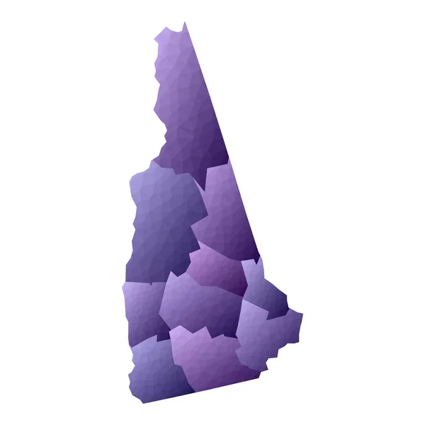 Mapa de New Hampshire Estilo geométrico nós estado contorno com condados Vetor violeta deslumbrante —  Vetores de Stock