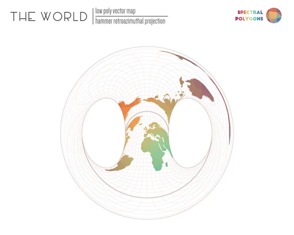 Veelhoekige kaart van de wereld hamer retroazimuthal projectie van de wereld spectrale gekleurde — Stockvector