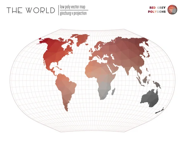 Mappa del mondo poligonale Ginzburg V proiezione del mondo Poligoni di colore grigio rosso Elegante vettore — Vettoriale Stock