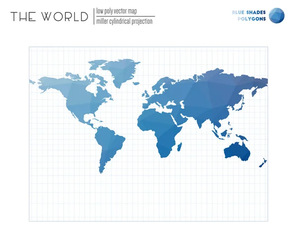 世界多边形图 米勒圆柱投影 世界 蓝色阴影彩色 — 图库矢量图片