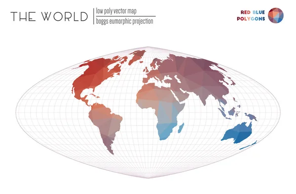 Mapa do mundo abstrato Boggs projeção eumórfica do mundo Polígonos de cor azul vermelho Impressionante — Vetor de Stock