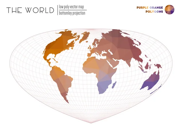 Wereldkaart in veelhoekige stijl Bottomley projectie van de wereld Paars Oranje gekleurde polygonen — Stockvector
