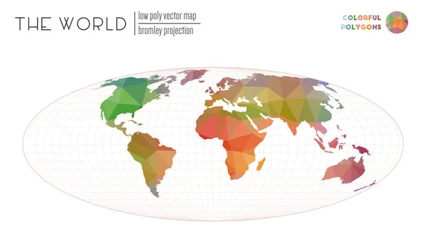 Wereldkaart met levendige driehoeken Bromley projectie van de wereld Kleurrijke gekleurde polygonen — Stockvector