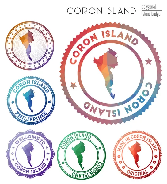 Insignia Coron Island Colorido símbolo de isla poligonal Multicolor geométrico Logotipos Coron Island conjunto — Vector de stock