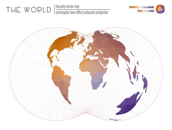 Polygonale wereldkaart Rectangular War Office polyconische projectie van de wereld Paars Oranje — Stockvector