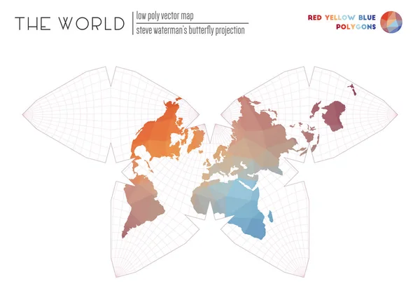 Mapa poligonal do mundo Steve Watermans projeção borboleta do mundo Vermelho Amarelo Azul — Vetor de Stock