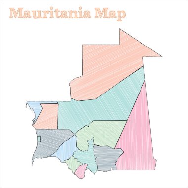 Moritanya el çizimi haritası Renkli, baştan savma bir ülke Moritanya 'nın taşralı üstün haritası