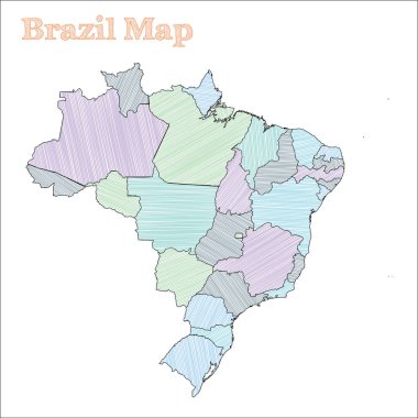 Brezilya el çizimi rengarenk ülke haritası il vektörleriyle klasik Brezilya haritasını özetliyor