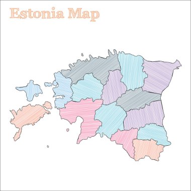 Estonya el çizimi harita Renkli yarım yamalak ülke taşralı Fantastik Estonya haritasını özetliyor