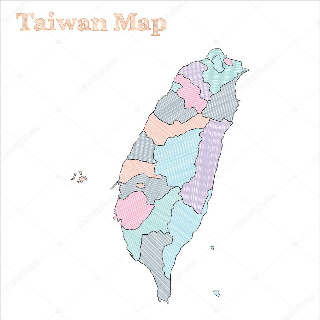 Taiwan handdrawn map Colourful sketchy country outline Emotional Taiwan map with provinces