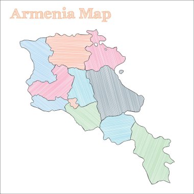 Ermenistan el çizimi haritası Renkli, baştan savma bir ülke. Taşralı Ermenistan haritası