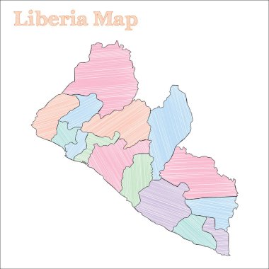 Liberya 'nın el çizimi haritası. Renkli, yarım yamalak bir ülke. Vilayetlerle birlikte Popüler Liberya haritasını çiziyor.