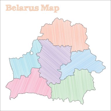 Belarus el çizimi harita Renkli yarım yamalak ülke Parlak Belarus haritasını vilayetlerle özetliyor