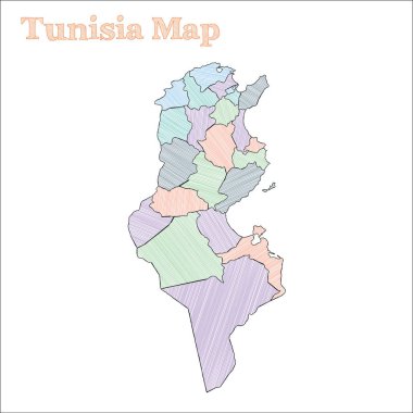 Tunus 'un el çizimi haritası. Renkli, baştan savma bir ülke. Eyaletlerle birlikte Zarif Tunus haritasının ana hatları.