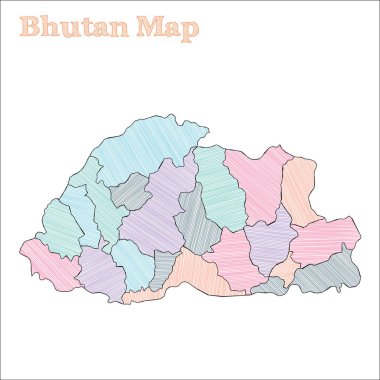 Butan 'ın el çizimi haritası Renkli, baştan savma ülke özeti İl Vektörü ile Uysal Bhutan haritası