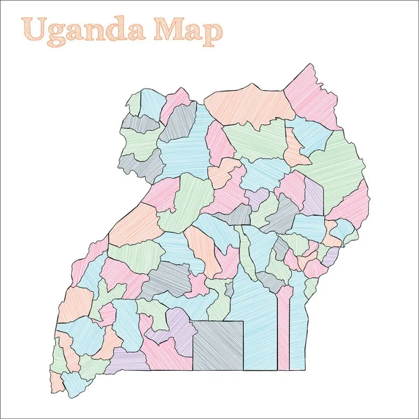 우간다 손으로 그린 화려 한 스케치가 담긴 지도가 활발 한 우간 다 지도를 보여 주고 있습니다. — 스톡 벡터