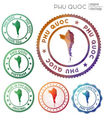Phu Quoc rozeti Renkli çokgen ada sembolü Çok renkli geometrik Phu Quoc logoları Vektör kümesi