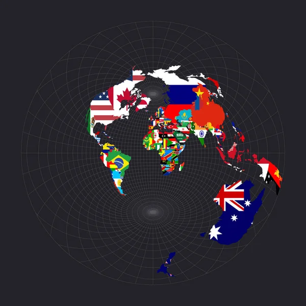 Mappa mondiale con tutti i paesi e le loro bandiere Airys errore minimo proiezione azimutale Mappa del mondo — Vettoriale Stock