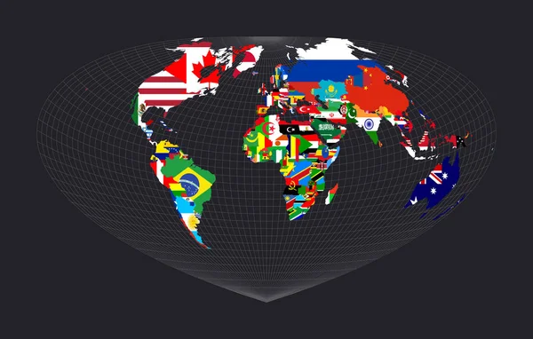 Mapa del mundo con todos los países y sus banderas Proyección de Bottomley Mapa del mundo con meridianos en — Archivo Imágenes Vectoriales