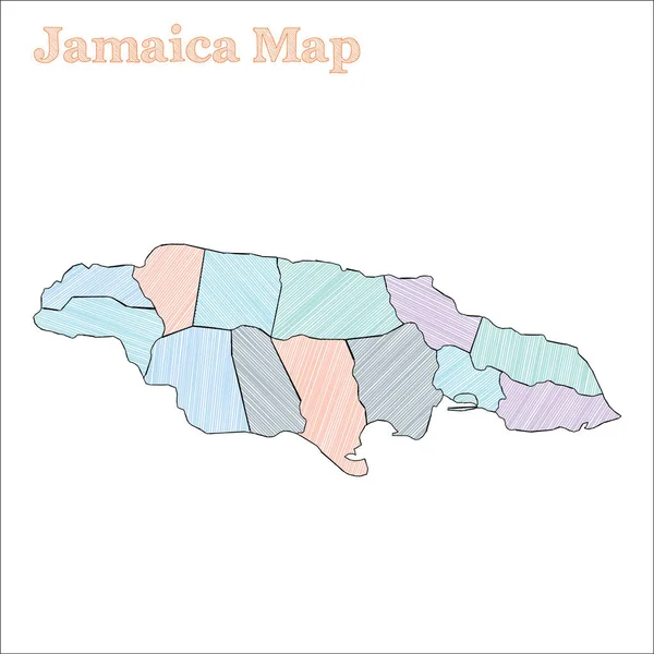 Jamaica handritad karta Färgglada skissartad land kontur Mindblowing Jamaica karta med provinser — Stock vektor