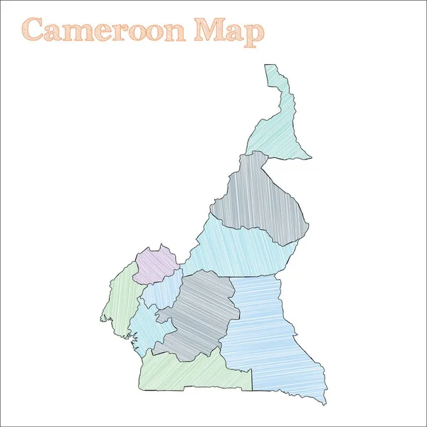 카메룬에서 손으로 그린 화려 한 지도에는 아름다운 카메룬 지도와 여러 지방이 그려져 있다 — 스톡 벡터